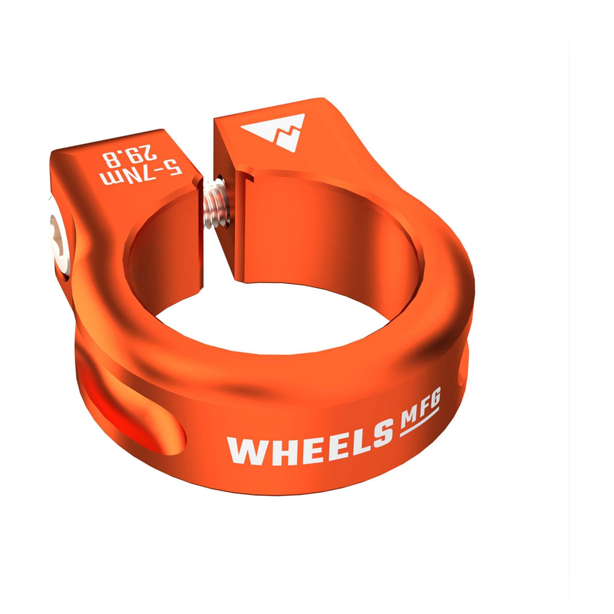 Wheels Manufacturing CNC aluminum seat post collar clamp with bolt closure, showcasing sleek, durable bike component hardware.
