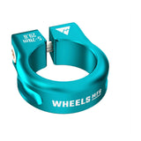 Wheels Manufacturing CNC aluminum seat post collar clamp with bolt closure, securing bicycle seat post in place.