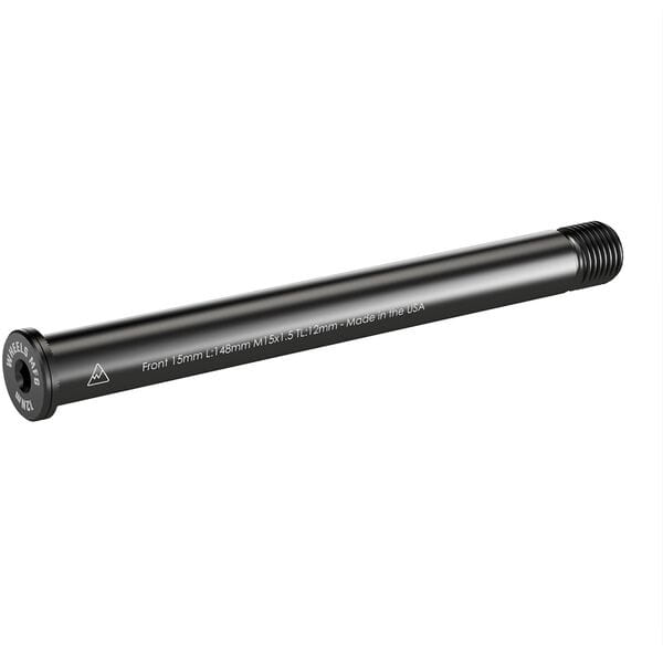 Wheels Manufacturing front 15mm thru-axle for 148mm hubs, M15 x 1.5mm thread, 12mm diameter replacement bike axle.