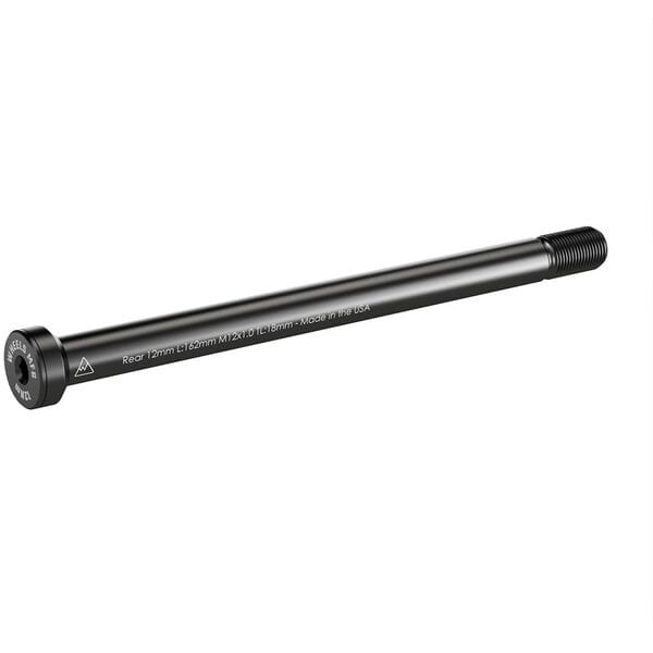 Wheels Manufacturing rear 12mm thru-axle for bikes, 162mm length, M12 x 1.0mm thread, 18mm diameter, shown in the image.