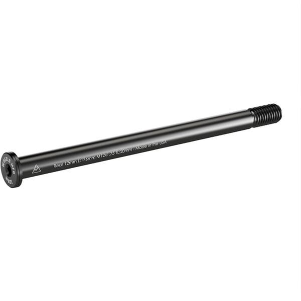 Wheels Manufacturing rear bike thru-axle with 12mm M12 x 1.75mm threads and 176mm length, shown in the image.