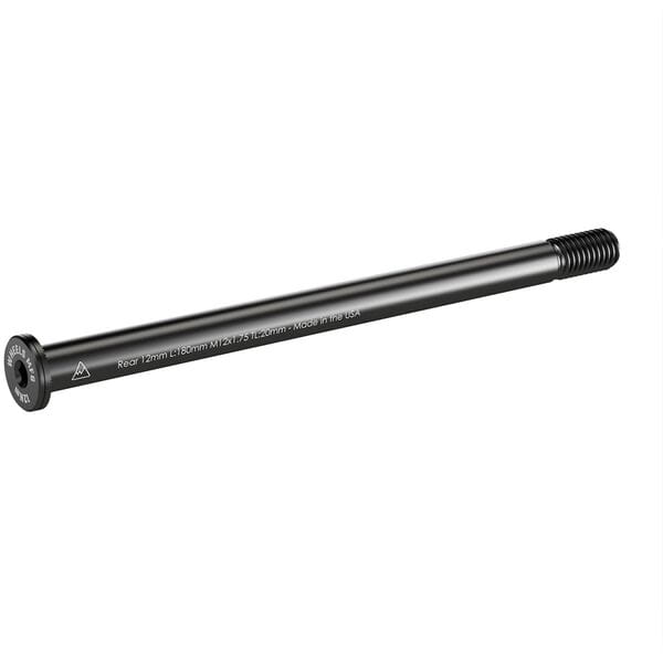 Wheels Manufacturing rear 12mm thru-axle for bikes, 180mm length, M12 x 1.75mm thread, shown in black with metal components.