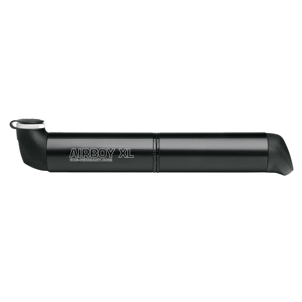 SKS Airboy XL compact bike pump in black with dual chambers, compatible with Presta and Schrader valves, shown in use.