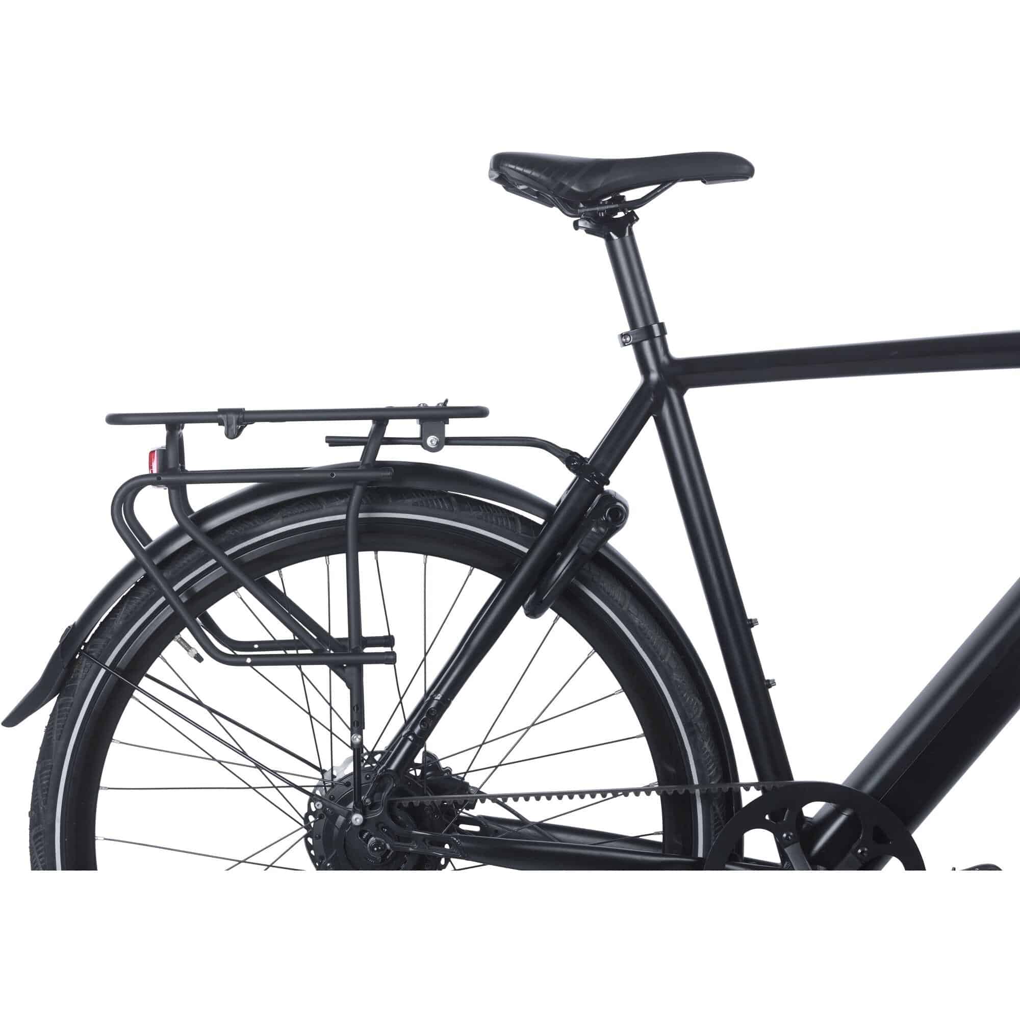 Basil Universal Cargo Carrier MIK STUDS in matte black attached to a 26-29 inch bike, showcasing bike rack accessories on a bicycle.