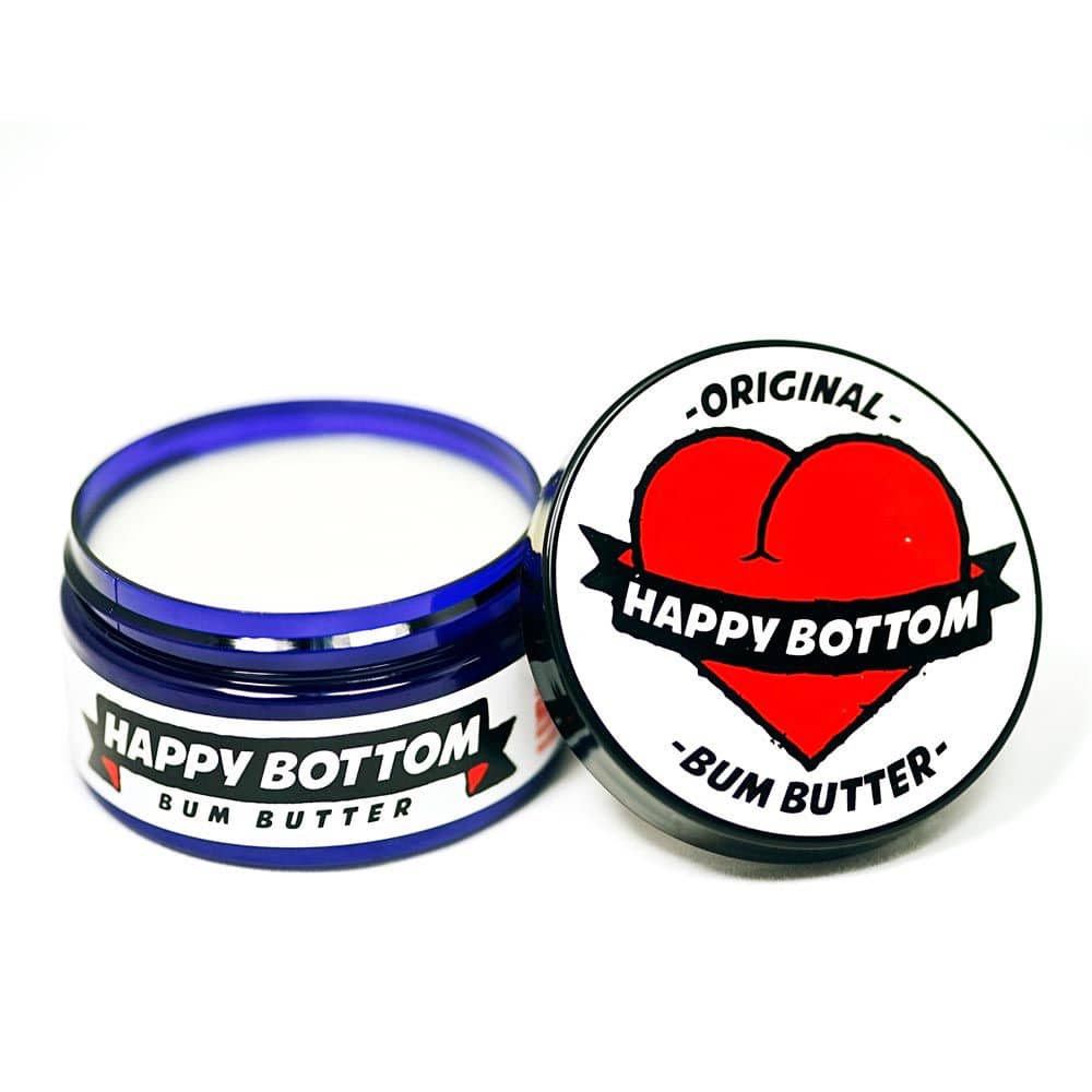Happy Bottom Chamois Cream for cycling comfort, natural skin care, in a tube, designed for bikers and active outdoor enthusiasts.