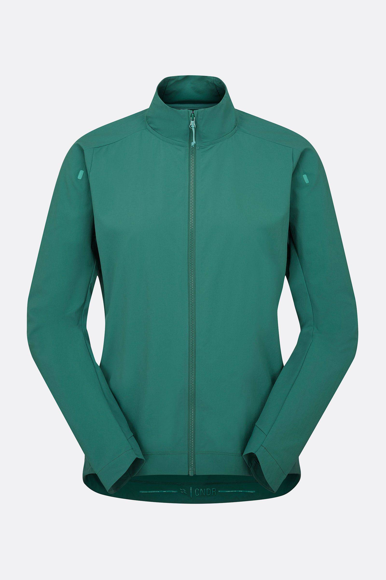 Women's Rab Cinder Borealis outdoor jacket in eucalyptus color, wind-resistant and lightweight for hiking activities.
