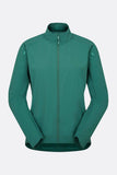 Women's Rab Cinder Borealis outdoor jacket in eucalyptus color, wind-resistant and lightweight for hiking activities.