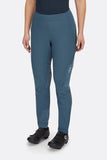 Rab Cinder Crank women's cycling softshell pants in Orion Blue, showing the durable, breathable trousers from a side angle.