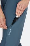 Rab Cinder Crank women's cycling softshell pants in Orion Blue, showing the durable, breathable fabric and close fit detail.