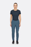 Rab Cinder Crank Women's Cycling Softshell Pants in Orion Blue, front view showing durable, breathable outdoor clothing for women.