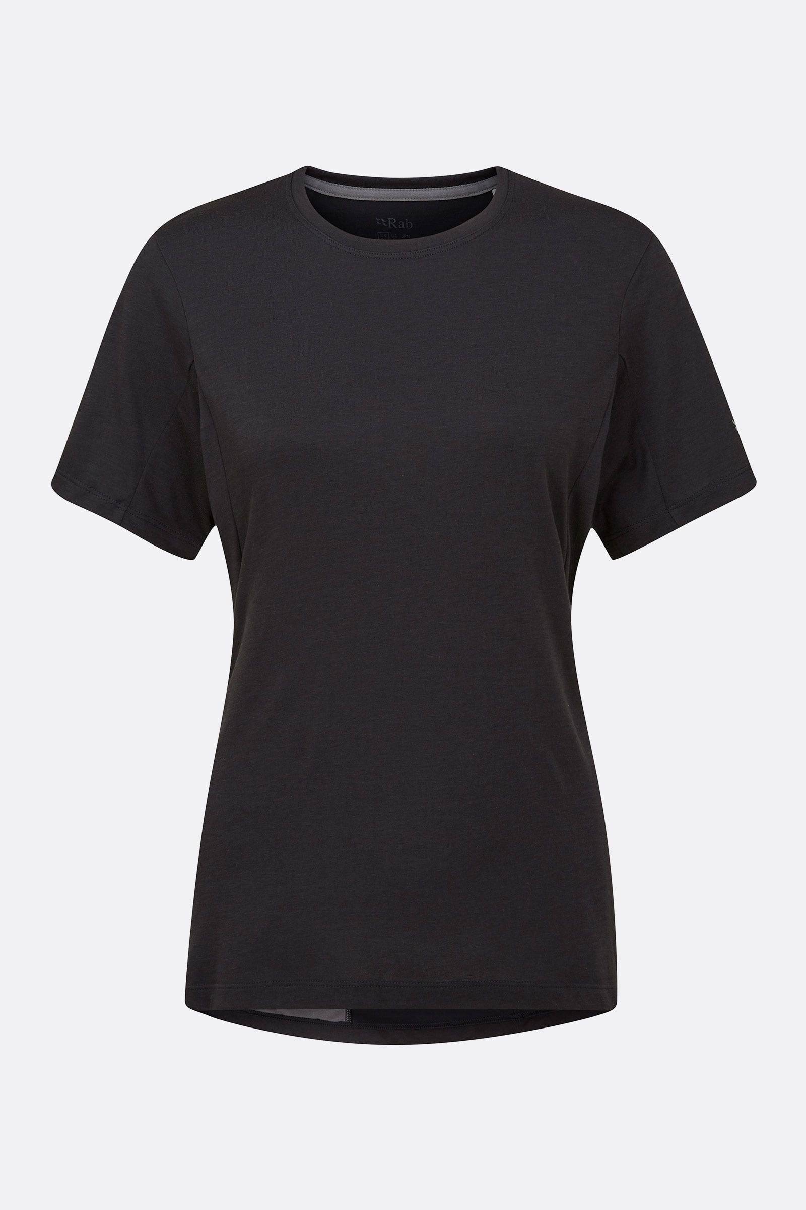 Rab Cinder Crimp Women's Cycling Tee in Beluga with zipped fleece-lined pocket, lightweight and comfortable for active wear.