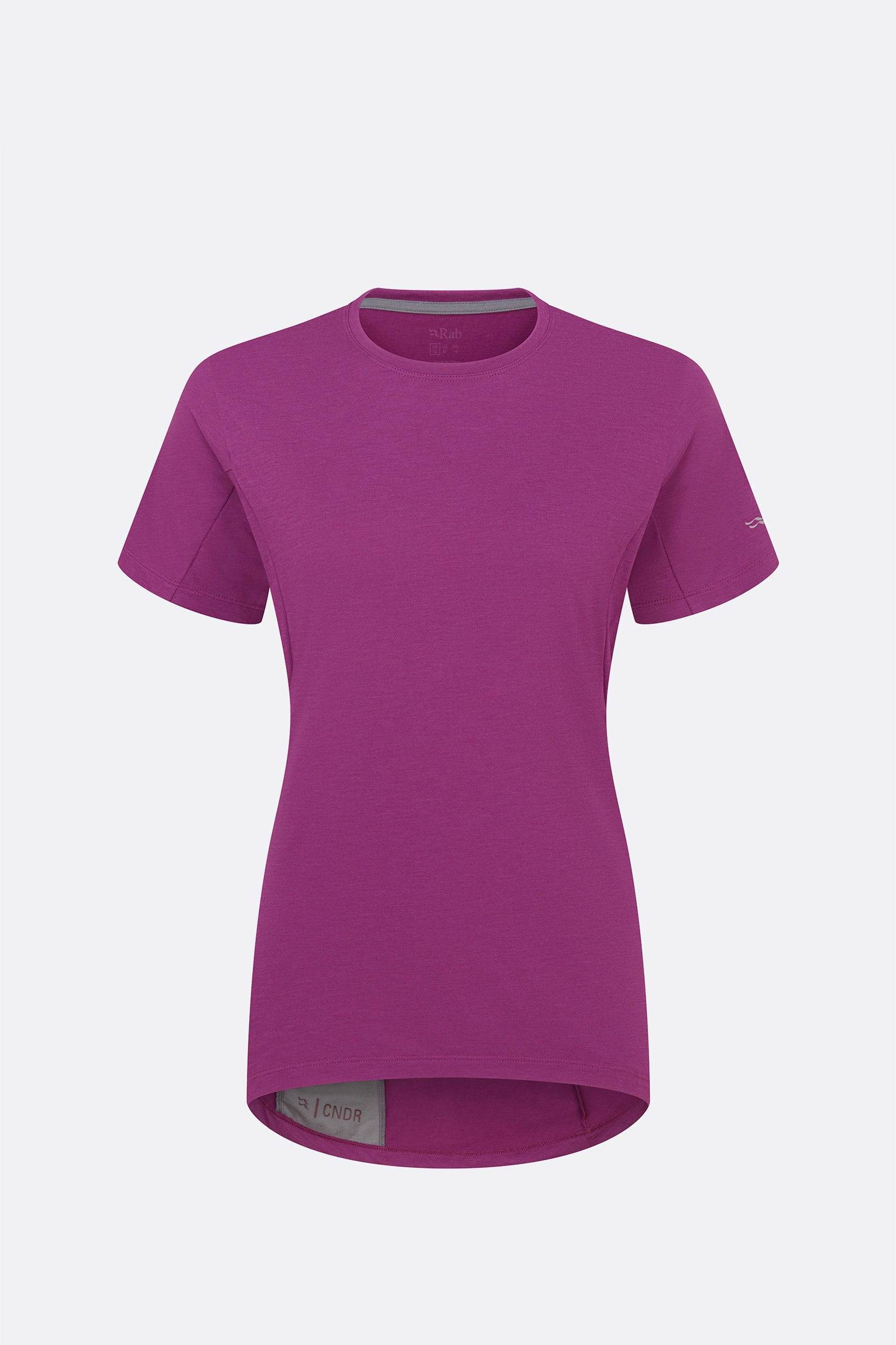 Rab Cinder Crimp Women's Cycling Tee in plum, lightweight shirt with zipped fleece-lined pocket, ideal for active outdoor wear.