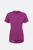 Rab Cinder Crimp Women's Cycling Tee in plum, lightweight shirt with zipped fleece-lined pocket, ideal for active outdoor wear.