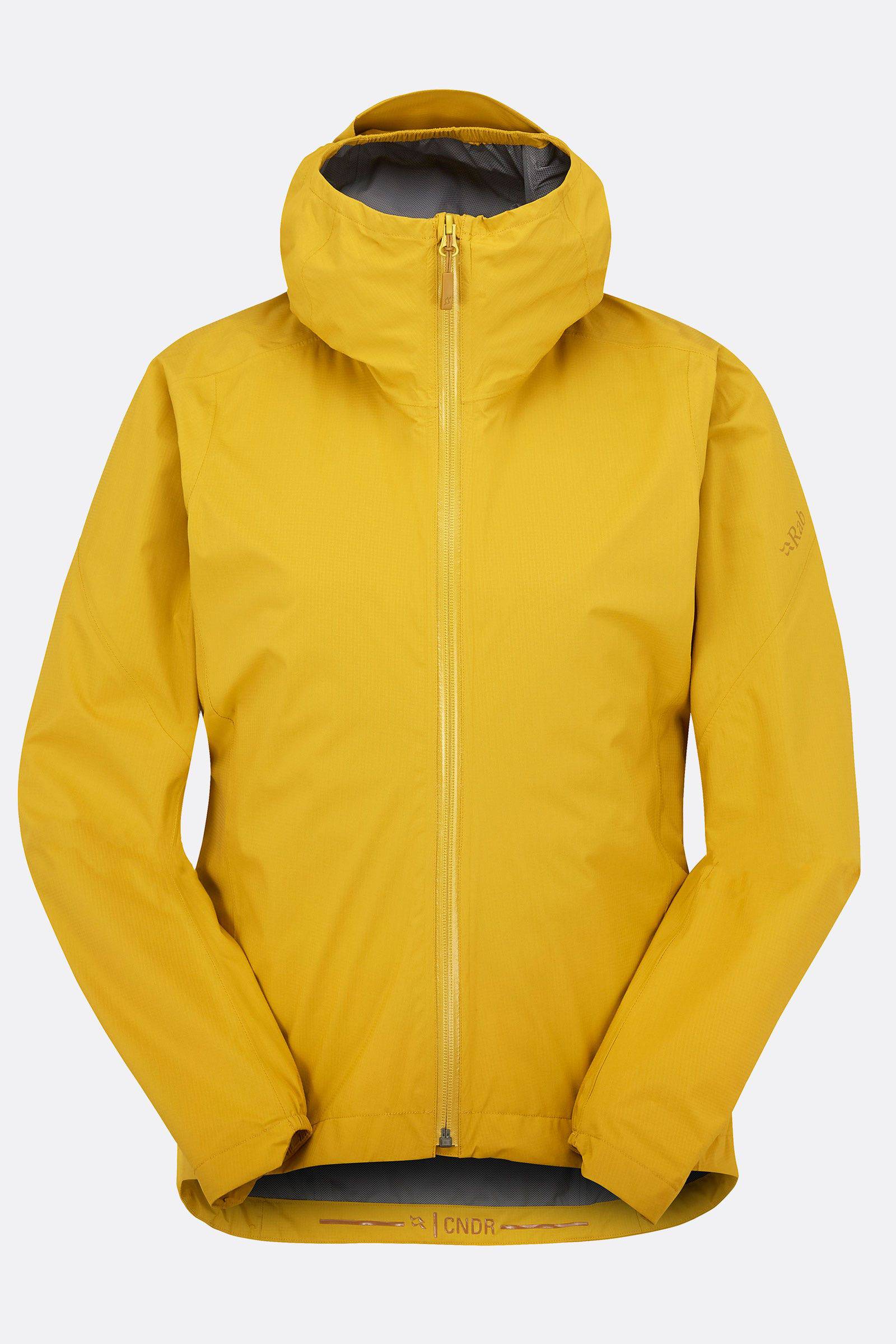 Rab Cinder Downpour Light Waterproof Cycling Jacket for Women with hood, shown in Sahara color, packable and lightweight.