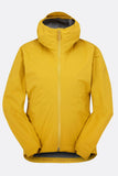 Rab Cinder Downpour Light Waterproof Cycling Jacket for Women with hood, shown in Sahara color, packable and lightweight.