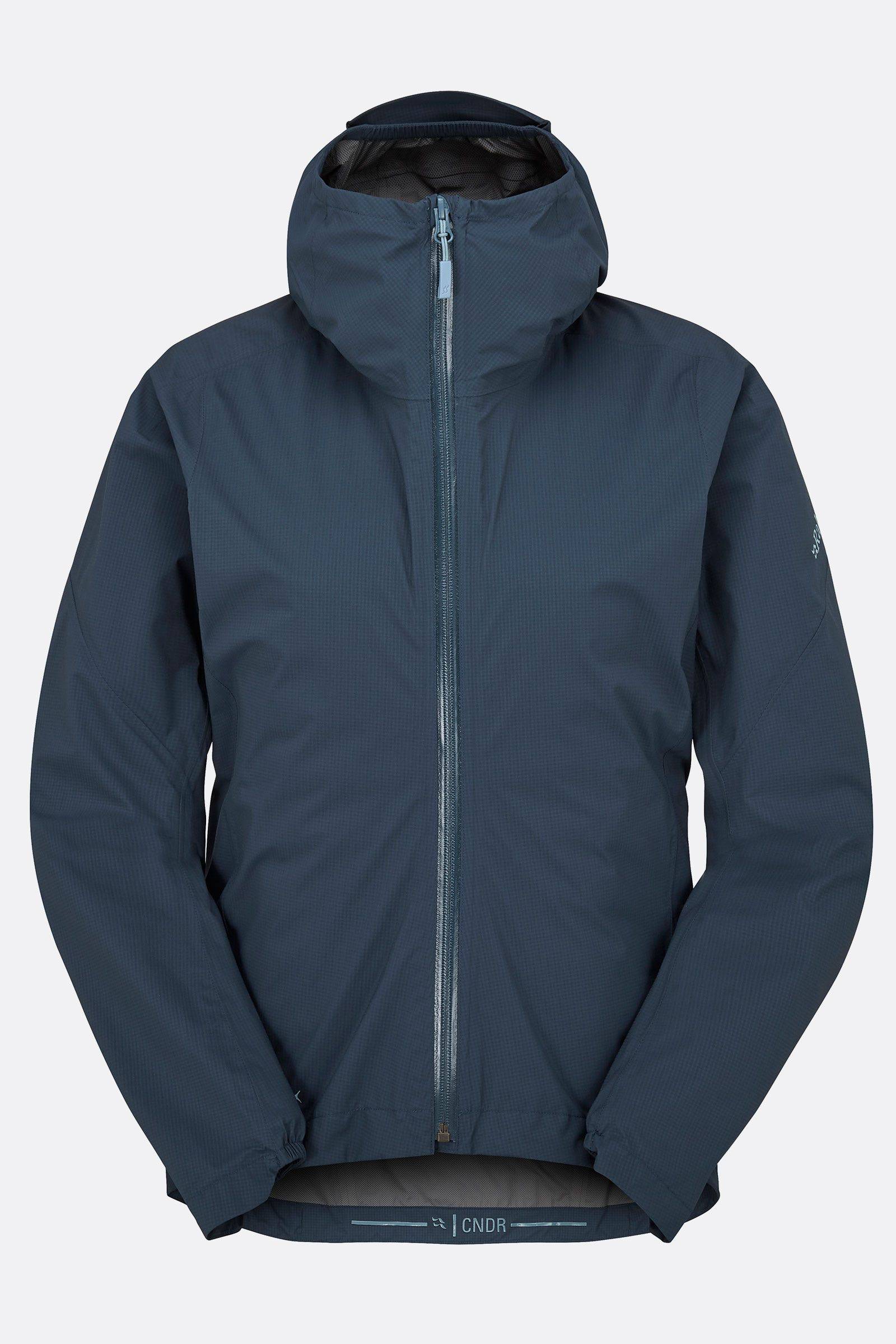 Rab Cinder Downpour Light waterproof cycling jacket for women with hood, shown in tempest blue, lightweight and packable clothing.