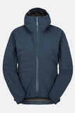 Rab Cinder Downpour Light waterproof cycling jacket for women with hood, shown in tempest blue, lightweight and packable clothing.