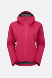 Rab Cinder Downpour Light Waterproof Cycling Jacket for Women in watermelon color, featuring a hood and packable design.
