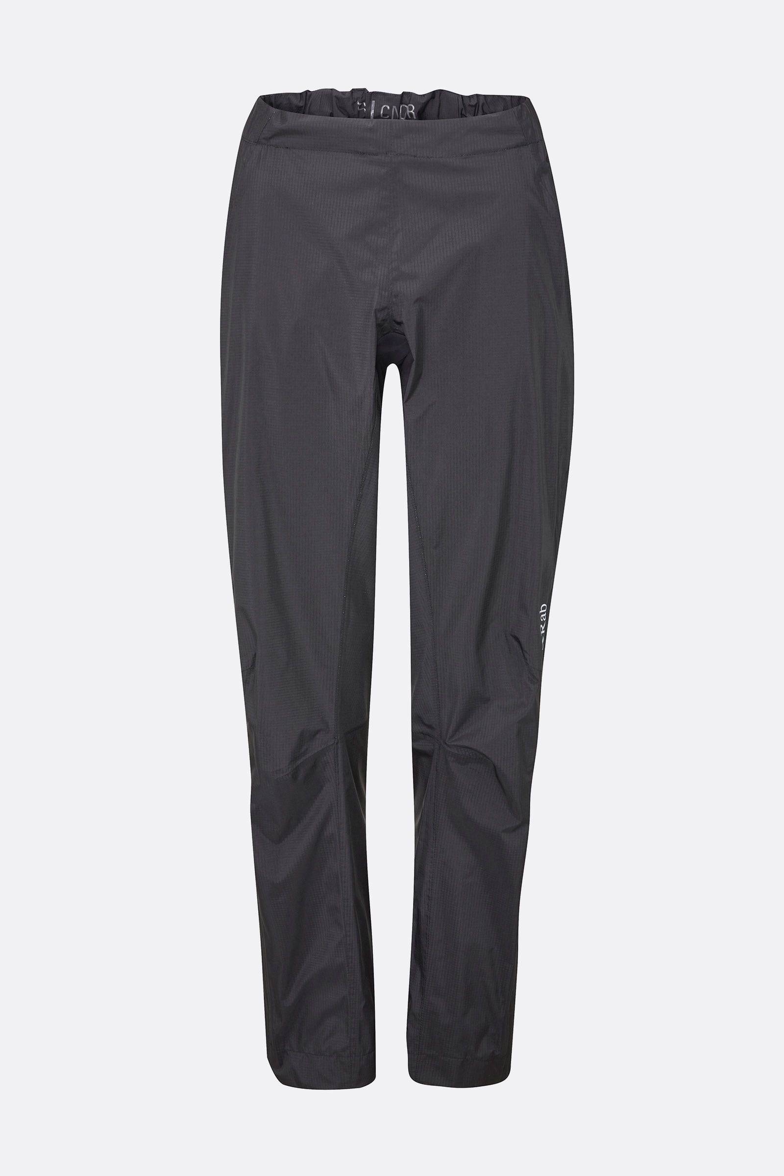 Rab Cinder Downpour Light Waterproof Cycling Pants for Women in anthracite, featuring articulated knees and lightweight waterproof fabric.