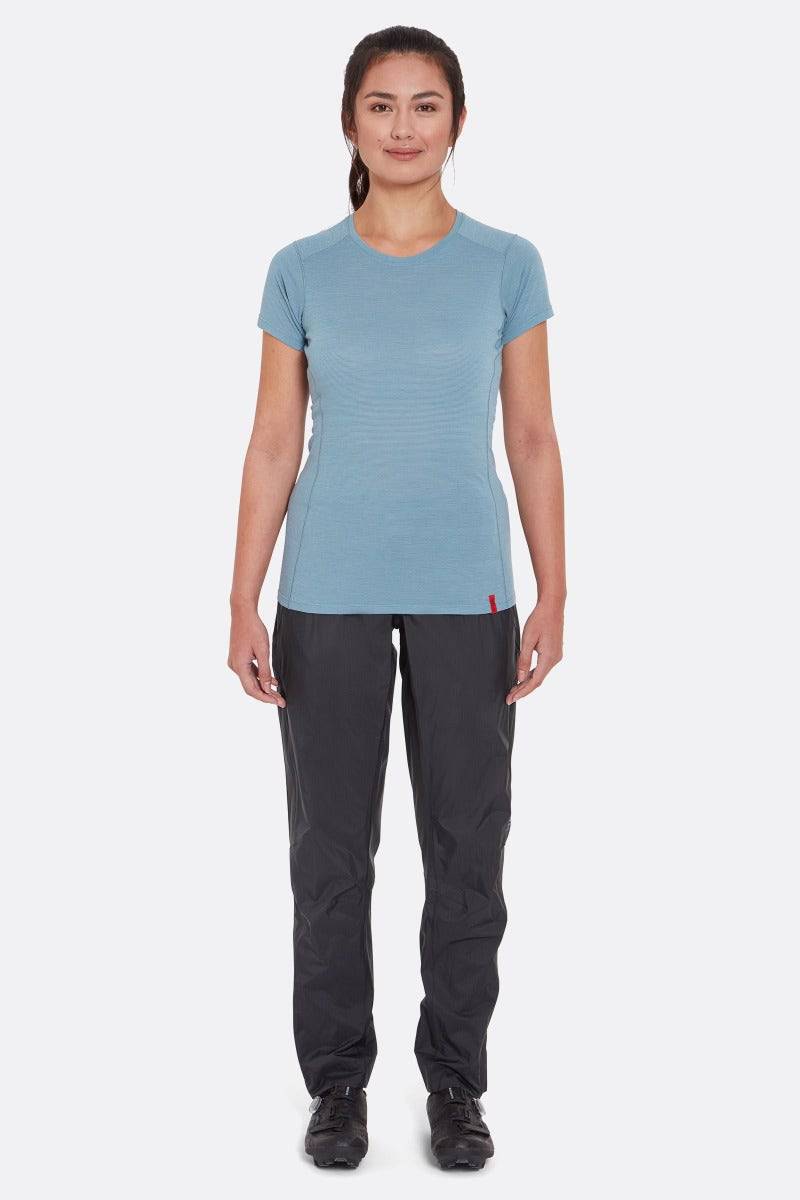 Rab Cinder Downpour Light Waterproof Cycling Pants for Women, anthracite, front view showing articulated knees and lightweight waterproof fabric.