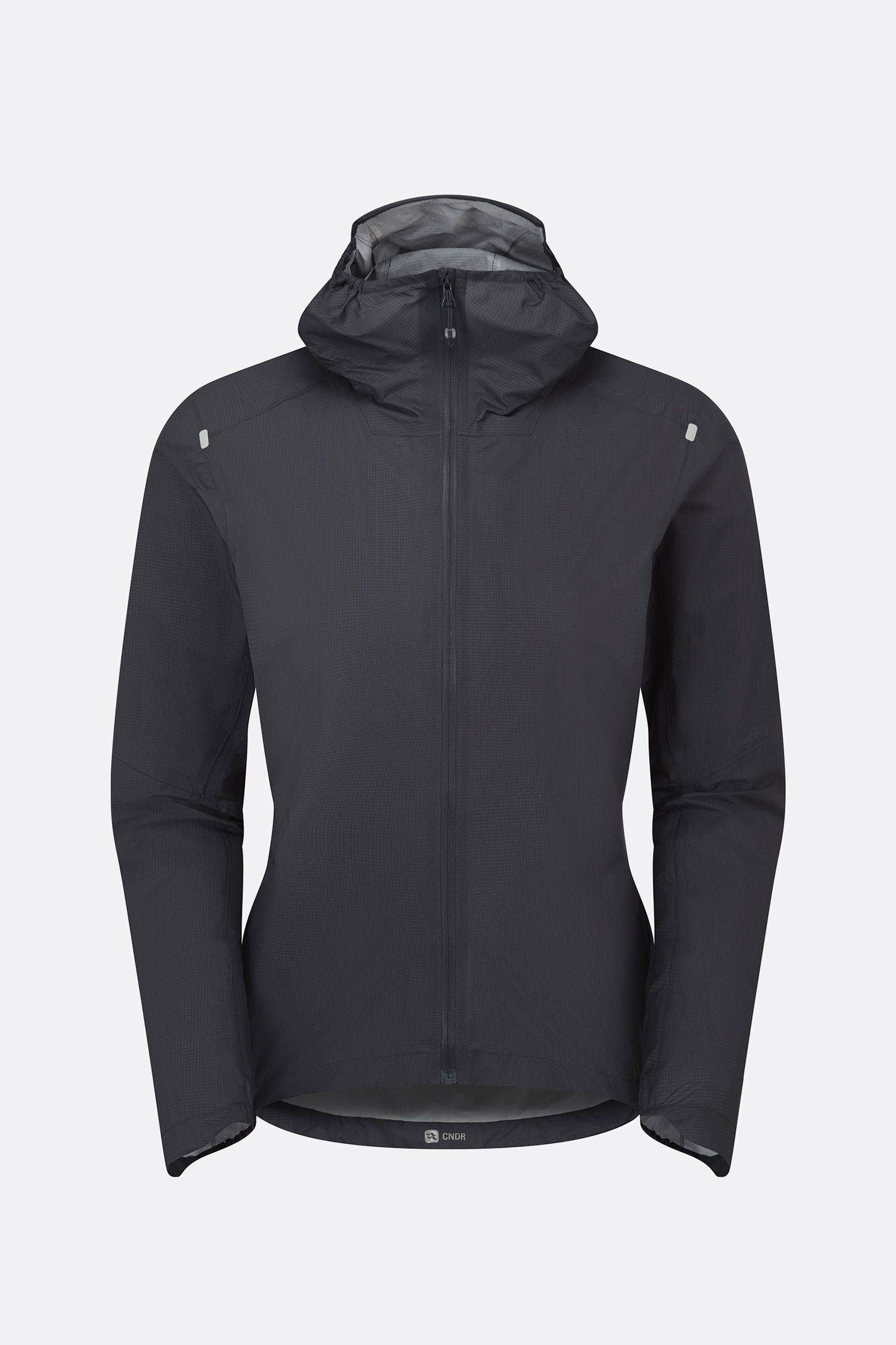 Women's Rab Cinder Phantom waterproof cycling jacket with hood in ebony, lightweight and breathable for outdoor riding.