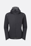 Women's Rab Cinder Phantom waterproof cycling jacket with hood in ebony, lightweight and breathable for outdoor riding.