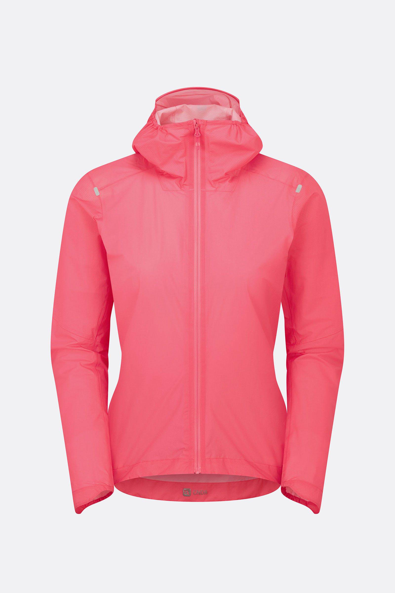 Rab Cinder Phantom women's waterproof lightweight cycling jacket with hood, shown in hibiscus color, designed for outdoor cycling.