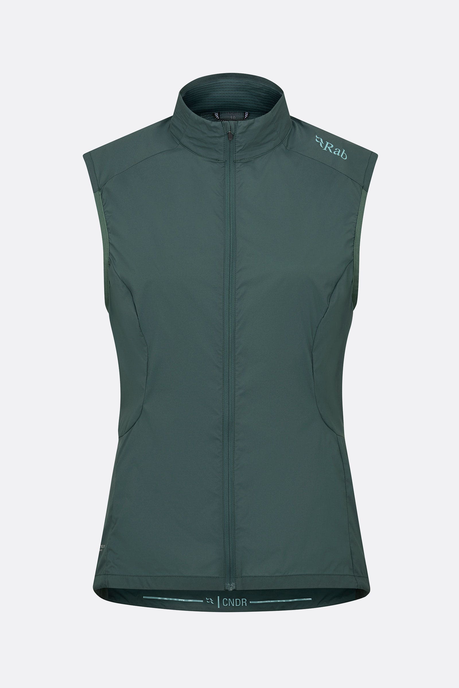 Rab Cinder Windveil women's cycling vest with wind-resistant and breathable panels, in greenslate color, designed for active cycling.