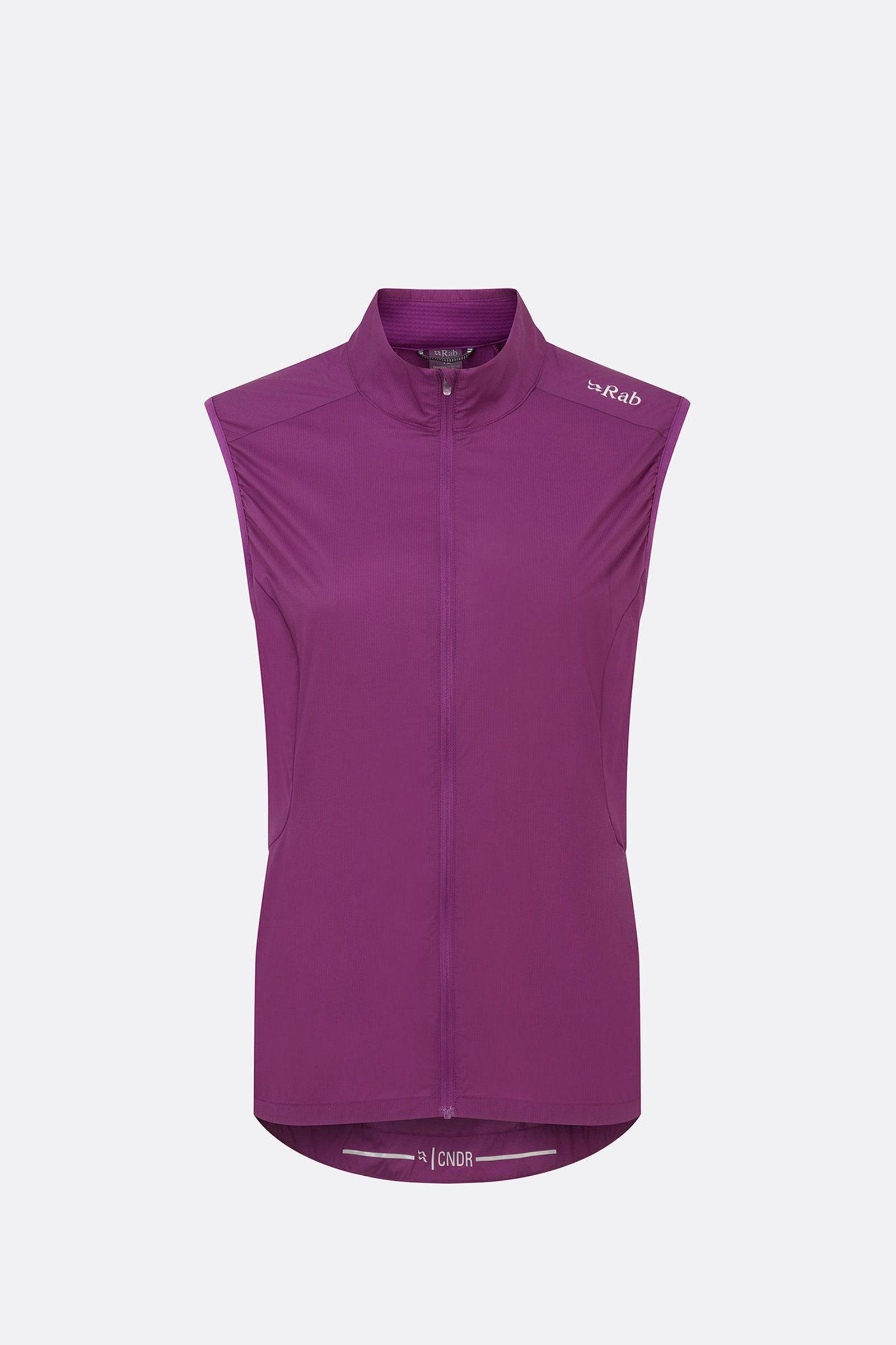 Rab Cinder Windveil Women's Cycling Vest in plum with wind-resistant and breathable panels, designed for comfortable cycling.