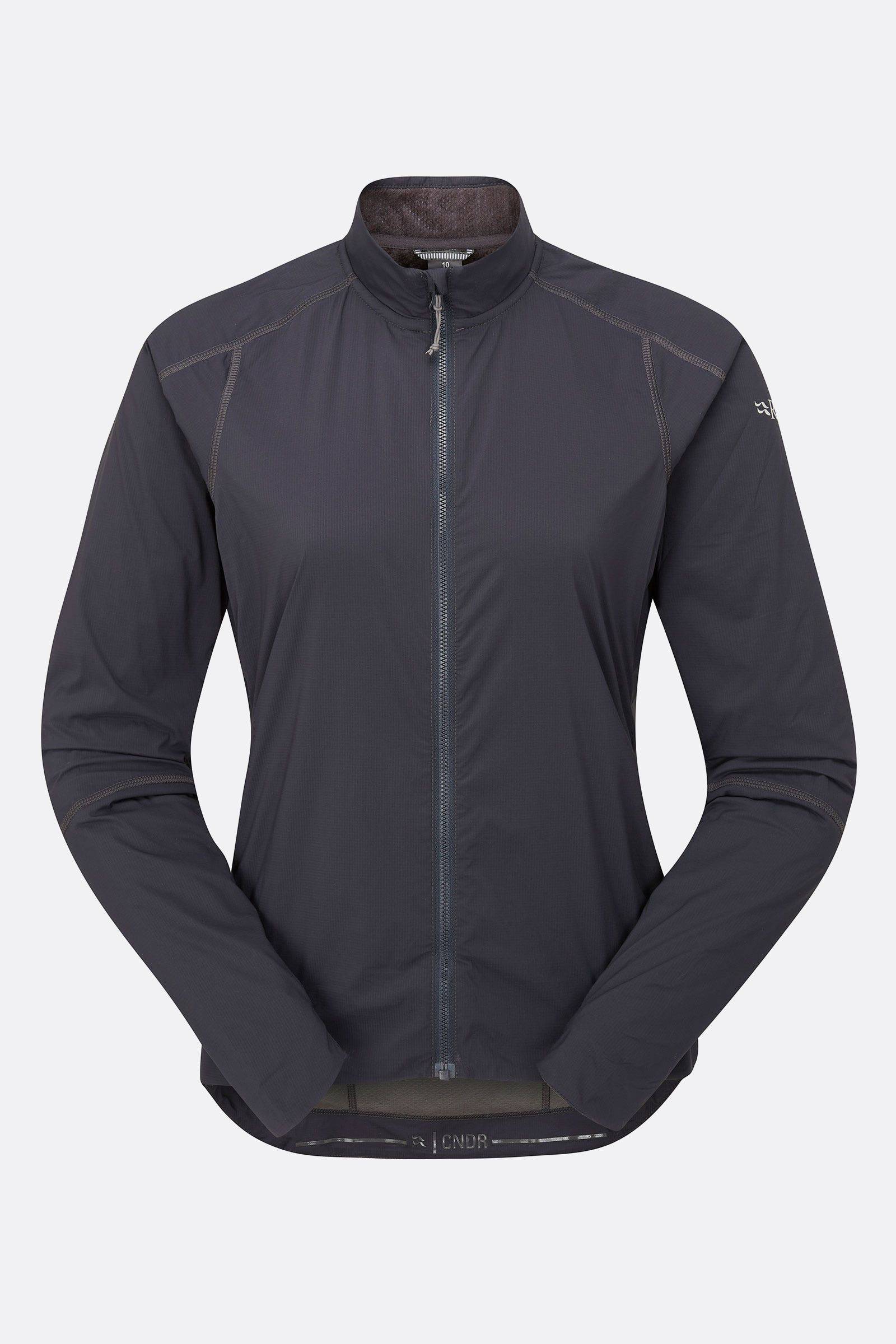 Women’s Rab VR Cinder cycling jacket in ebony, showcasing breathable insulated winter layer with ventilation features.