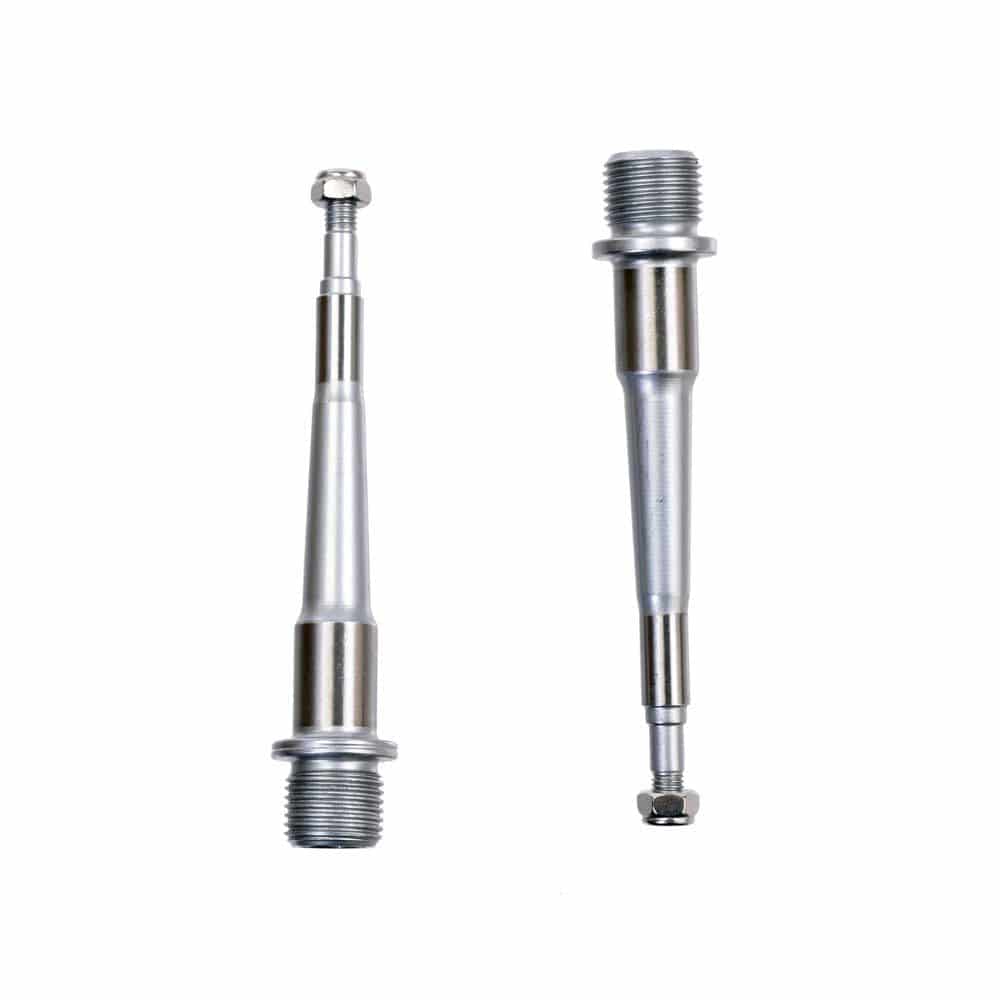 HT Components replacement axles for bike pedals, showing durable metal construction and compatibility with various pedal models.