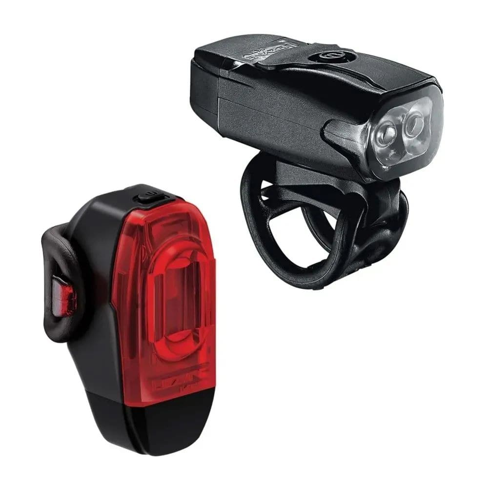 Lezyne KTV Drive+ bike front and rear lights in black, USB rechargeable, waterproof IPX7, mounted on bike for visibility