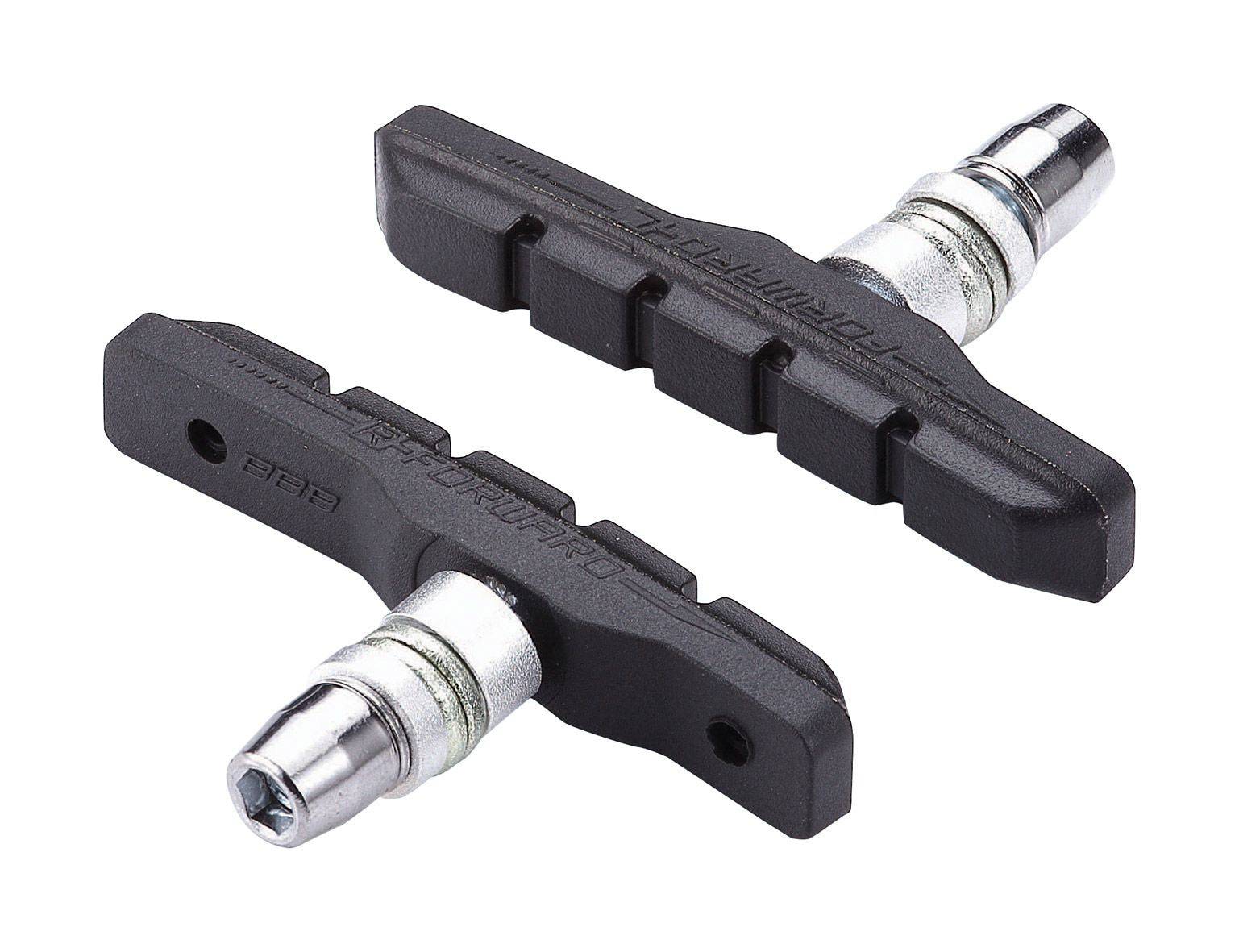 BBB BBS-04OE VeeStop V-brake pads for Shimano V-brakes, pack of 25, close-up of brake pads with rubber surfaces and mounting hardware.