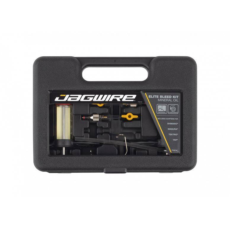 Jagwire Elite Mineral Oil Hydraulic Disc Brake Bleed Kit with syringes and bleed blocks for bicycle maintenance.
