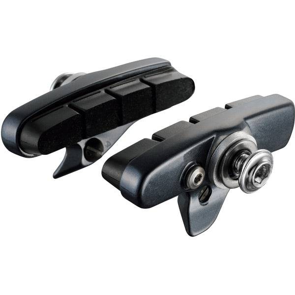 Shimano Dura-Ace R55C4 R9210 direct mount cartridge brake shoes for alloy rims, pair, with metal brake pads and mounting hardware.