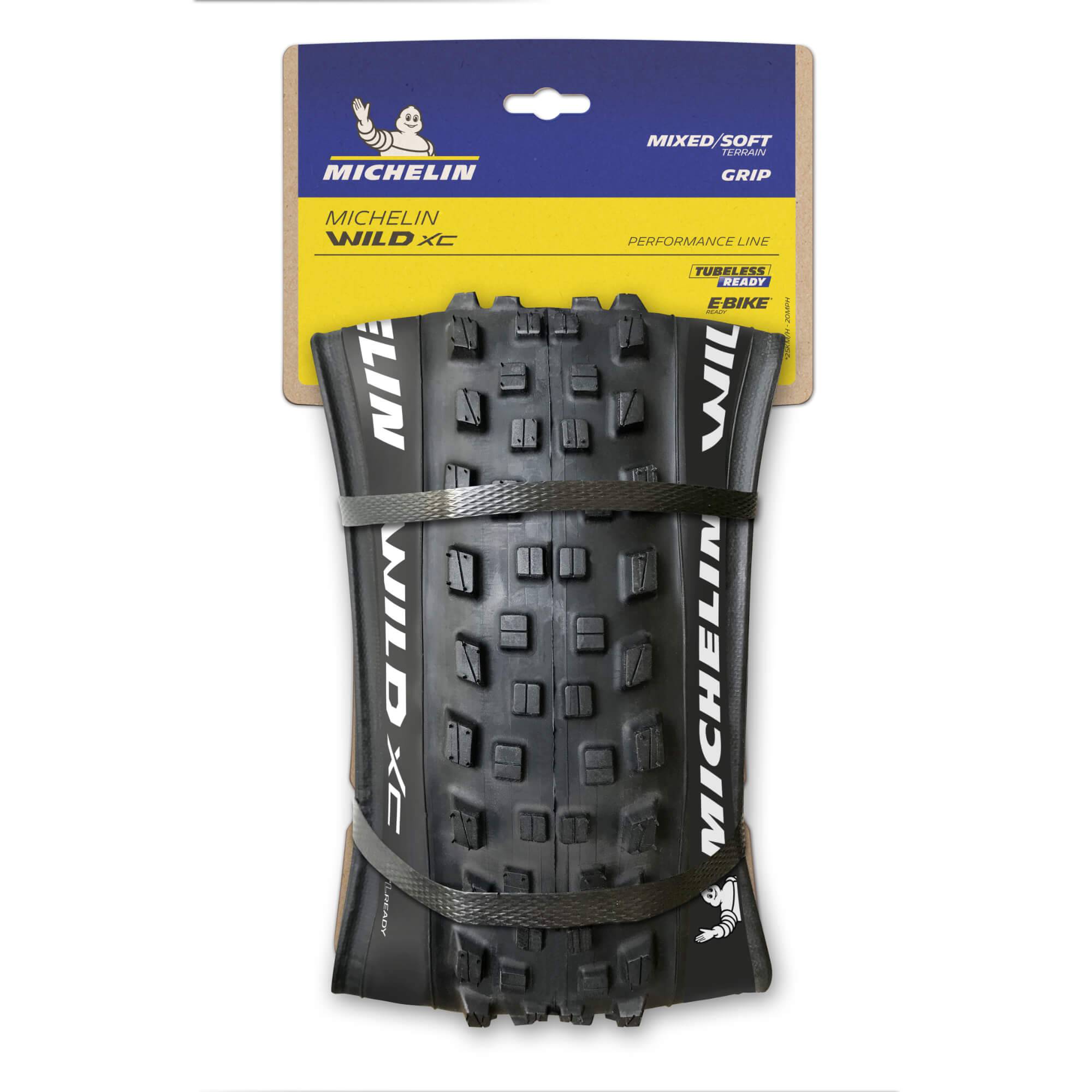 Michelin Wild XC Performance Line tubeless-ready cross-country MTB tyre with knobby tread for off-road mountain biking.