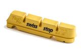SwissStop Flash Pro brake pads for Shimano, Sram, and TRP carbon and alloy rim bikes, showing the brake pad design and branding