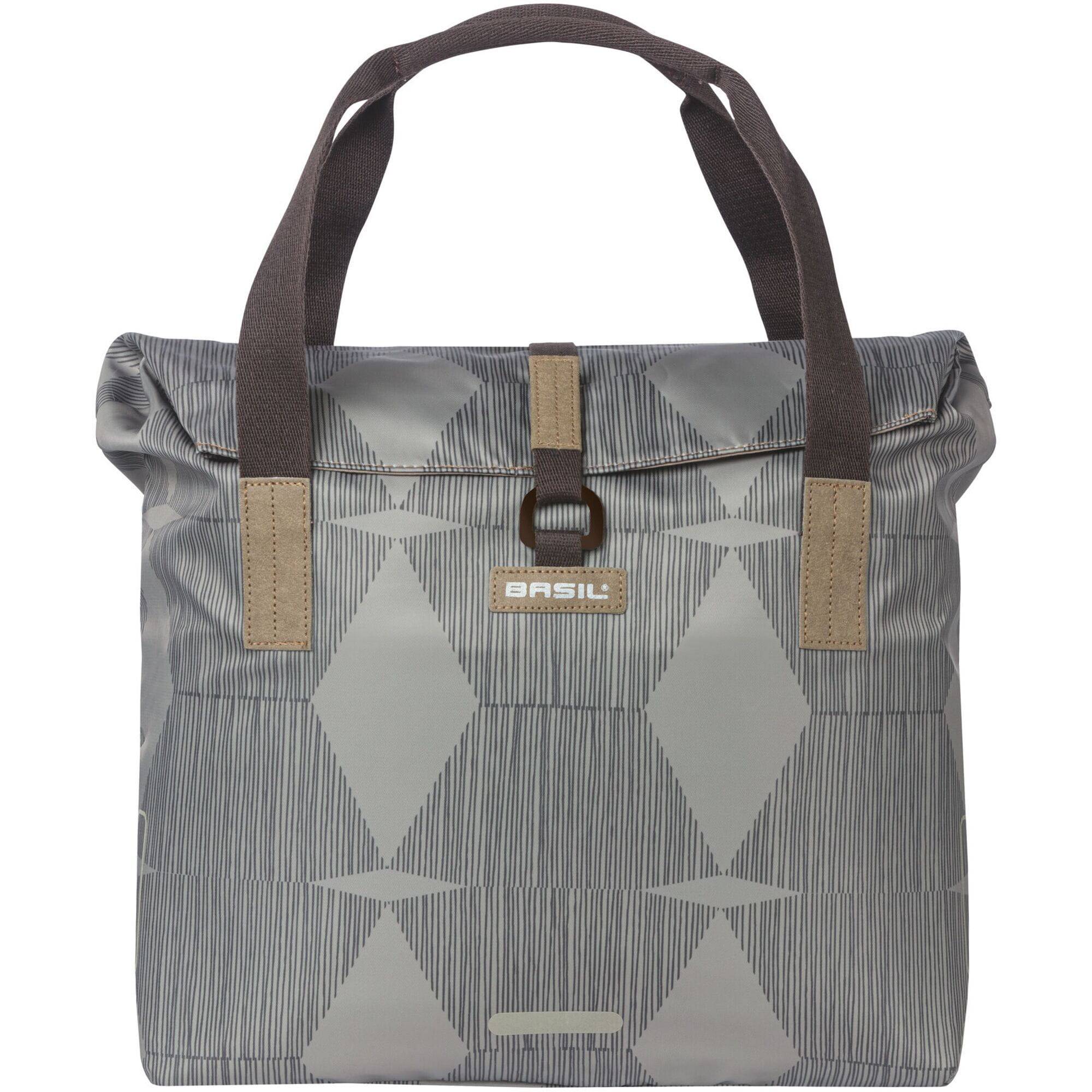 Basil Elegance Bicycle Shopper Bag in Chateau Taupe with hook-on system, 20-26L capacity, designed for bike accessories.