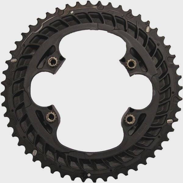 Shimano 105 FC-R7100 12-speed 52T outer chainring for 52/36T crankset, black metal bike component, close-up view