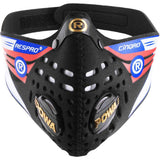 Respro Cinqro Black large mask with HEPA filter for urban sports, showing the mask's adjustable straps and filter compartment.