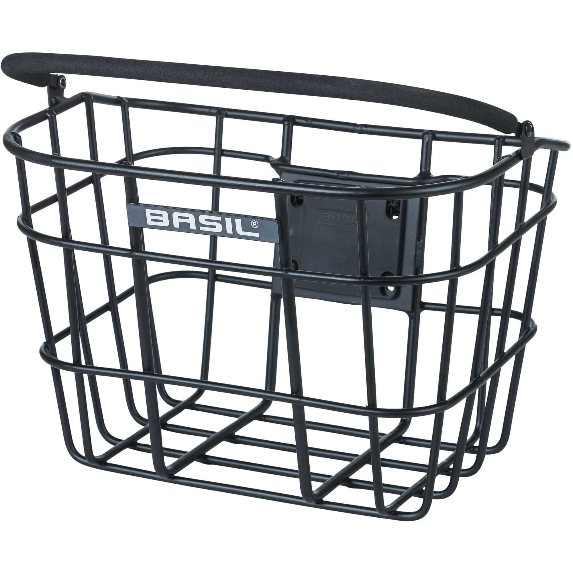 Basil Bremen Alu KF front bike basket in matte black with detachable handle and adapter plate for accessories.