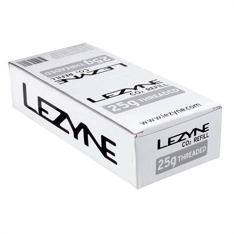 Lezyne threaded 25G CO2 cartridge for fast, reliable bicycle tire inflation, shown with metal threaded design and compact size.