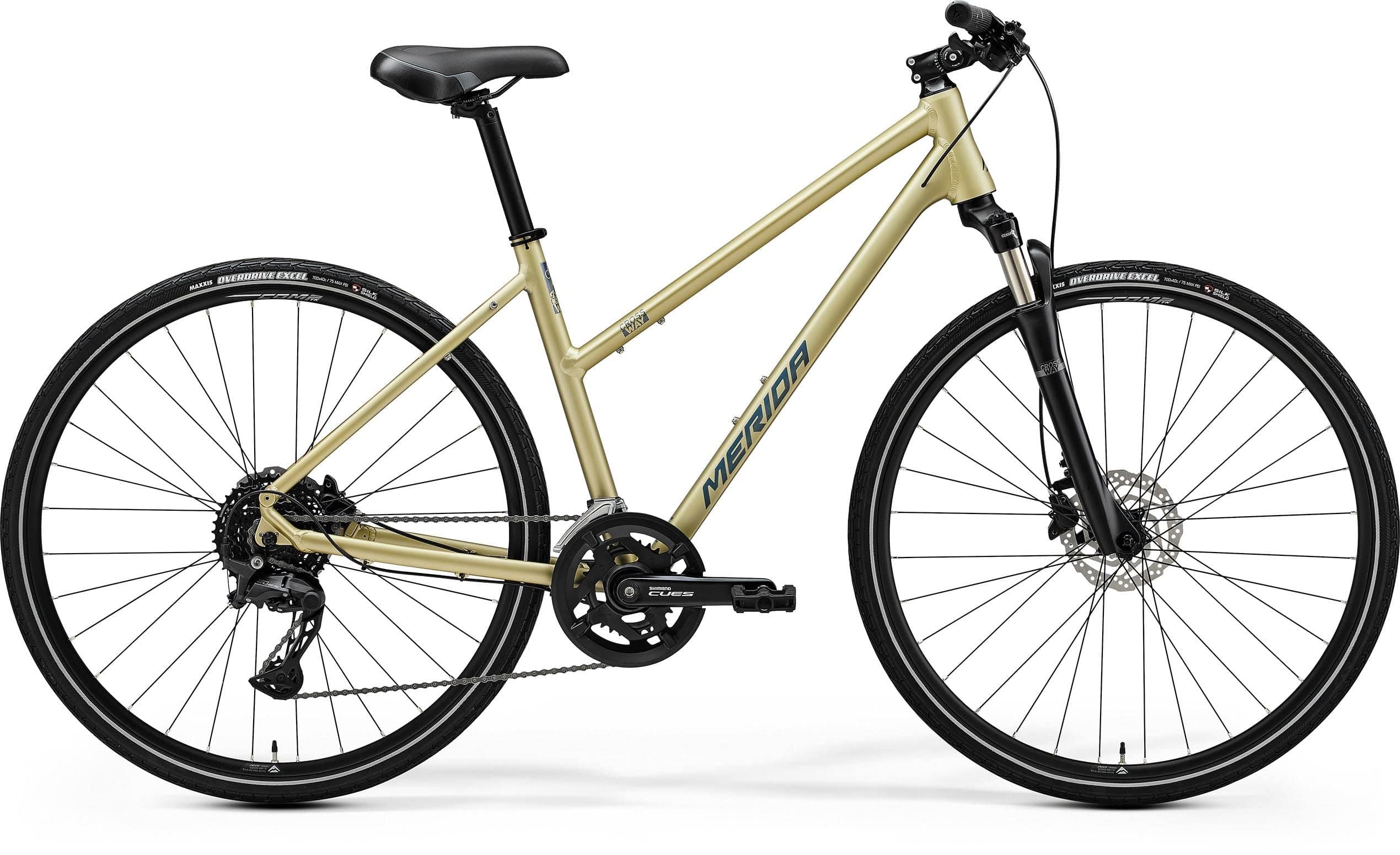 Merida Crossway 300 Women's hybrid bike with Shimano CUES U6000 gearing and disc brakes, featuring a sleek frame and comfortable saddle.
