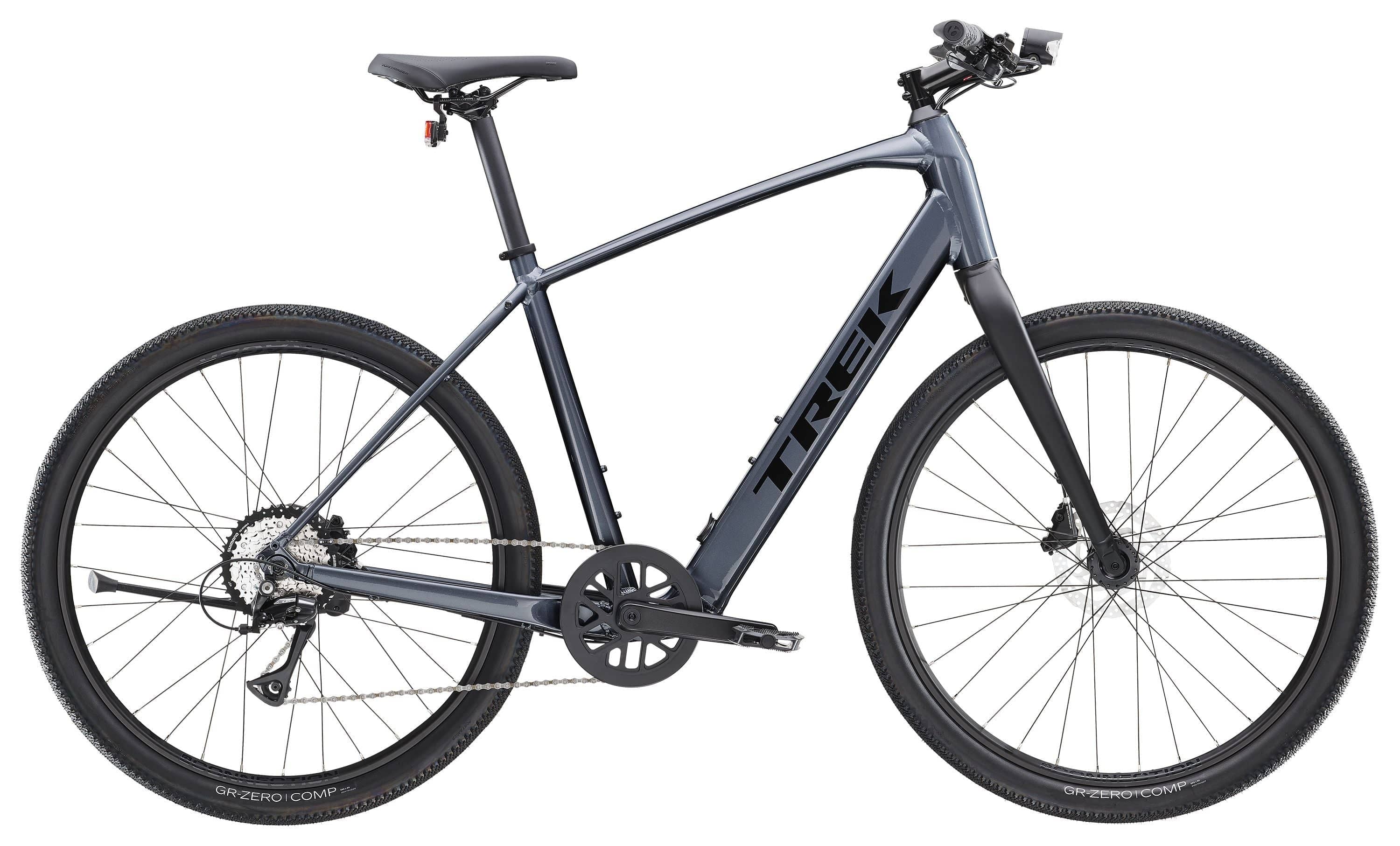 Trek Dual Sport+ 2 LT 2025 electric hybrid bike with sleek frame, mountain and urban tires, and handlebar controls for versatile riding.