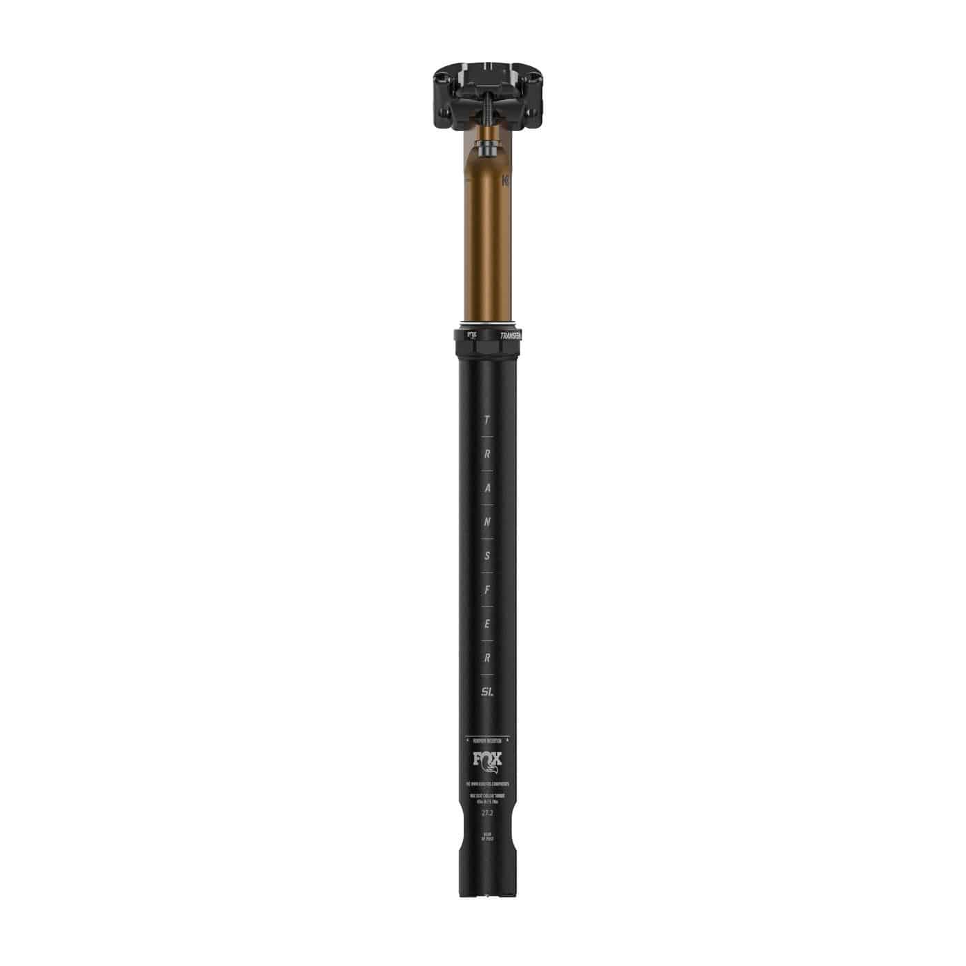 Fox Transfer SL Factory dropper seatpost for gravel and XC racing bikes, showing the sleek black component with logo and adjustable lever.