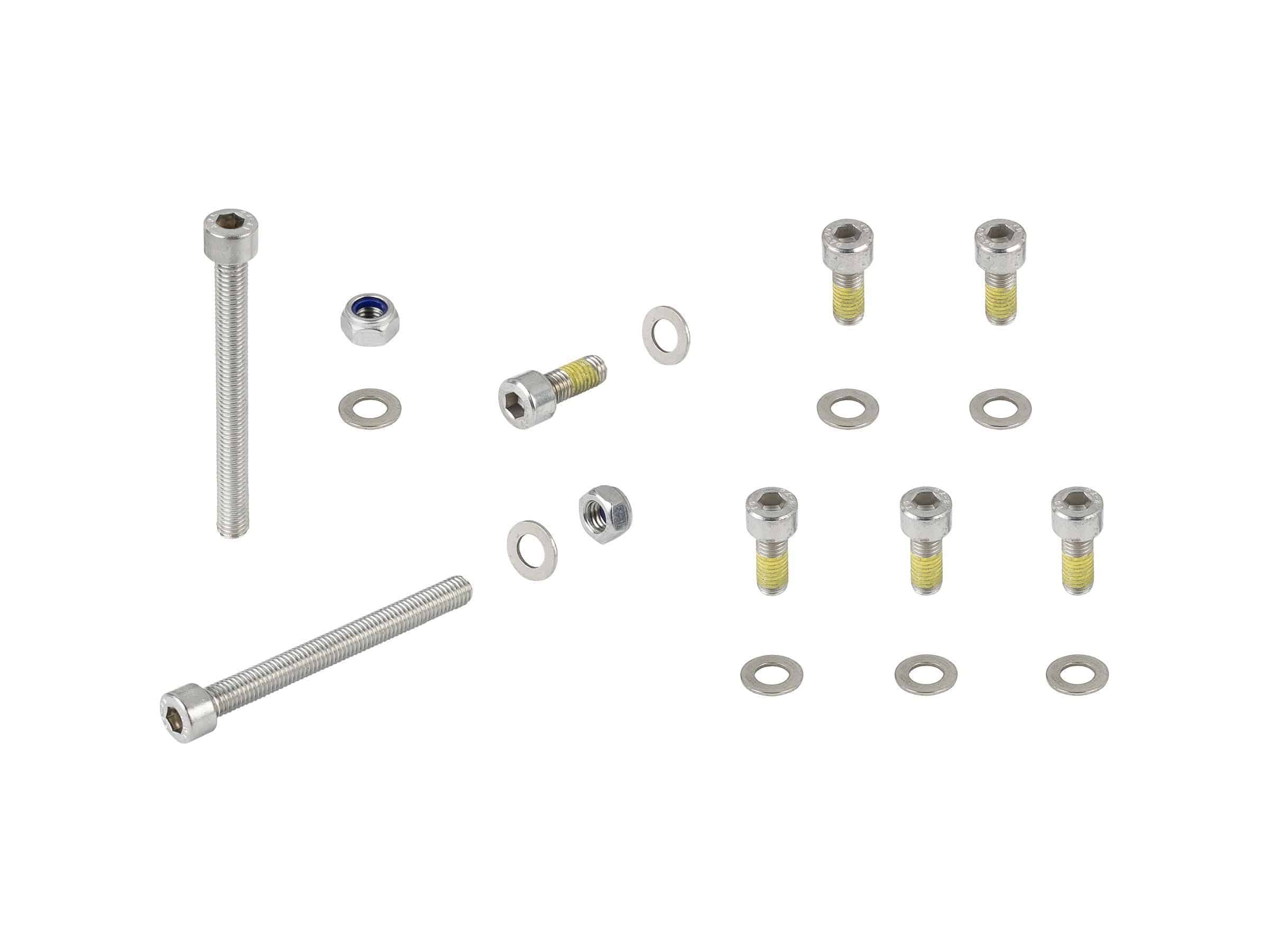 Trek Fetch+ 4 front steer cable mount hardware kit in chrome, M8 x 20mm, for e-bike components, with mounting hardware visible.