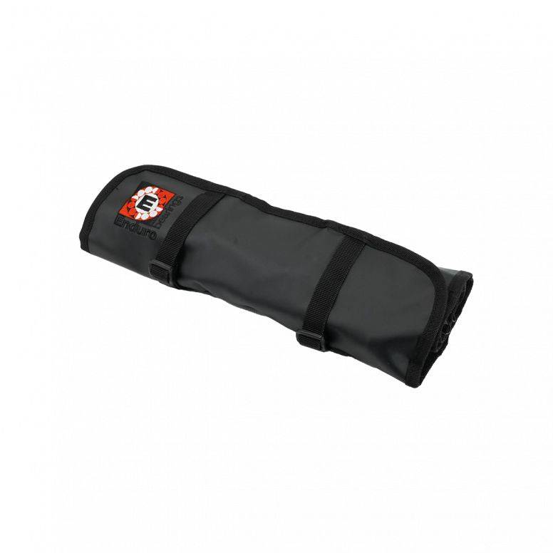 Enduro Bearings black nylon tool roll for organized workshop tool storage and transport, with multiple compartments visible.