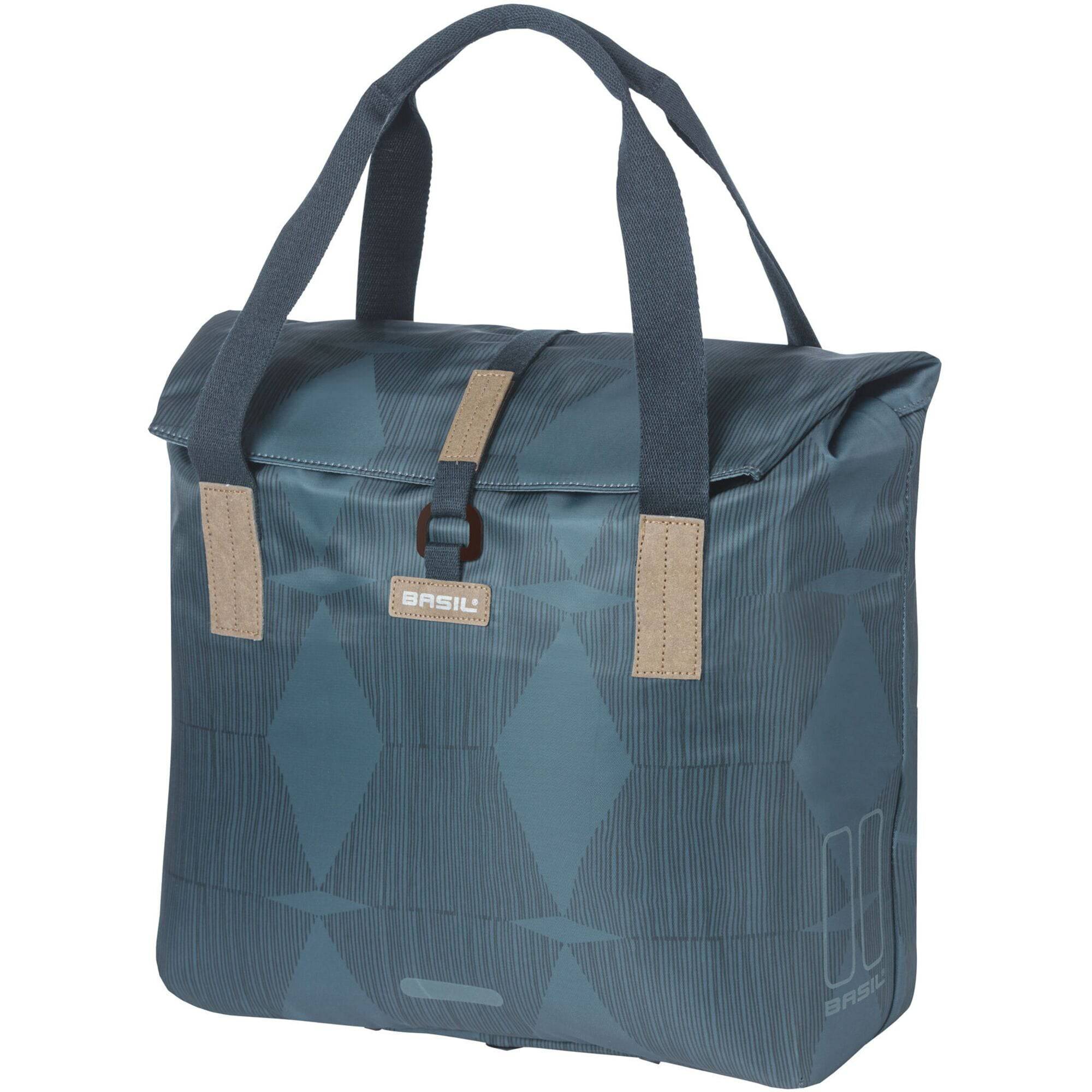 Basil Elegance bicycle shopper bag in estate blue with hook-on system, showing the bag attached to a bicycle rack.