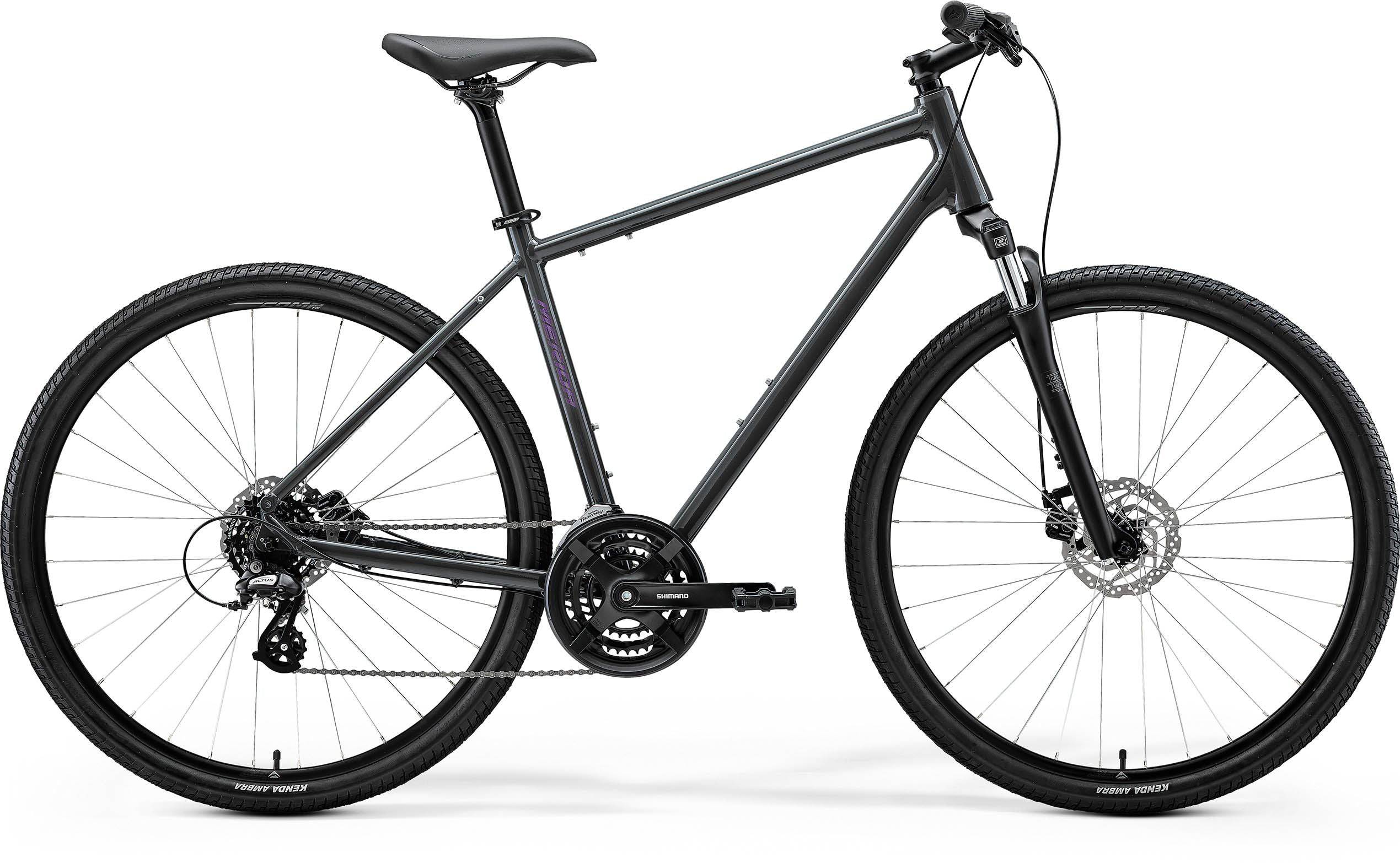 Merida Crossway 10 MY26 hybrid bike with Shimano RD-M310-7 gears and disc brakes, shown in a side view.