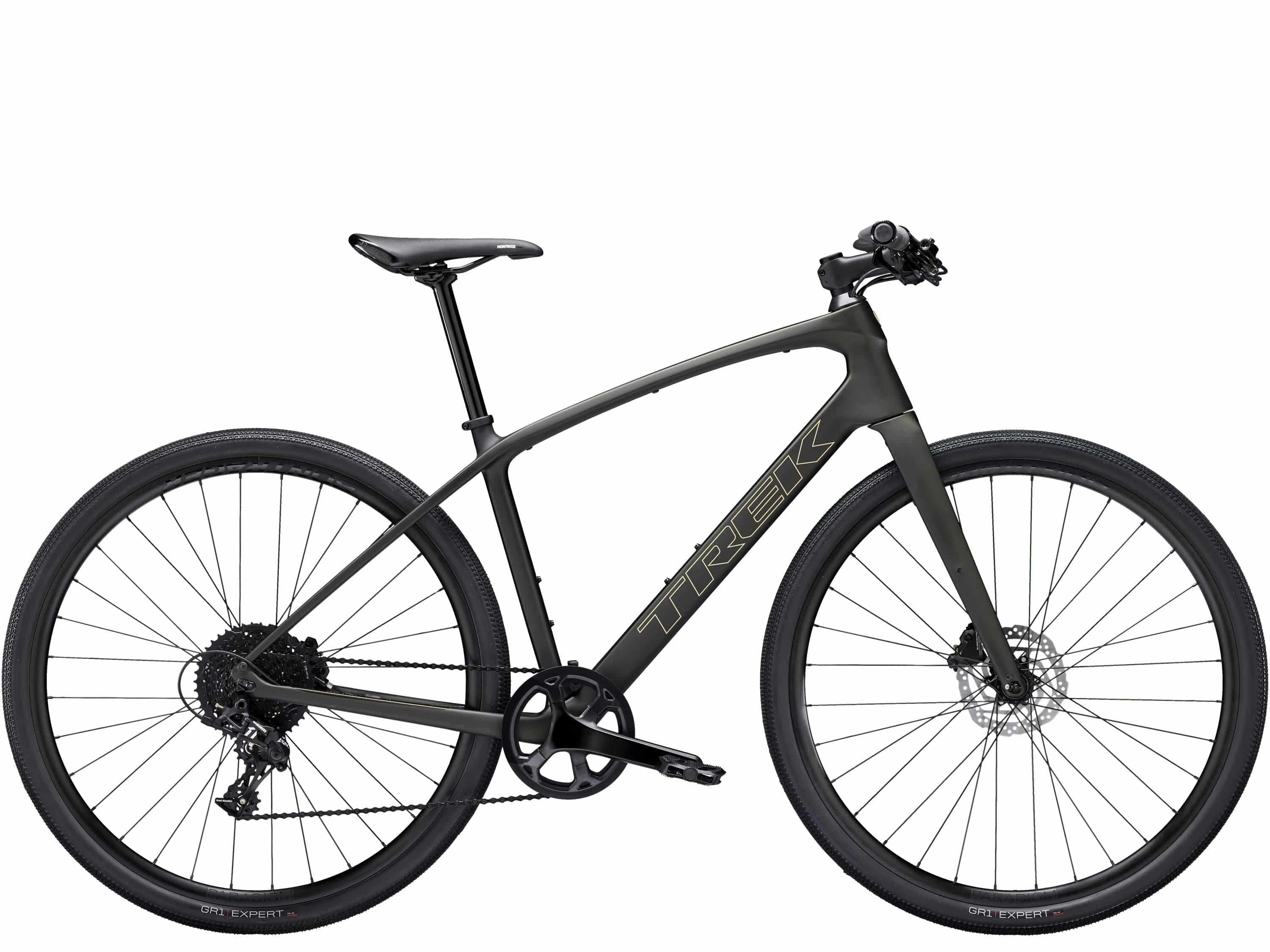 Trek FX Sport 5 hybrid bike with SRAM Apex drivetrain and hydraulic disc brakes, shown with sleek frame and ergonomic handlebars.